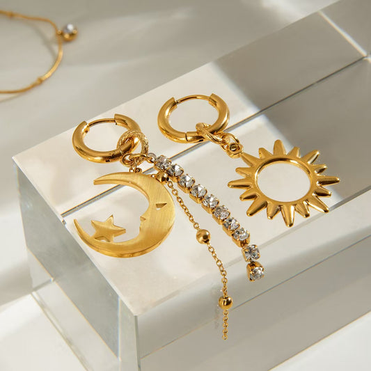 White Rhinestone Star, Moon, and Sun Tassel Earrings