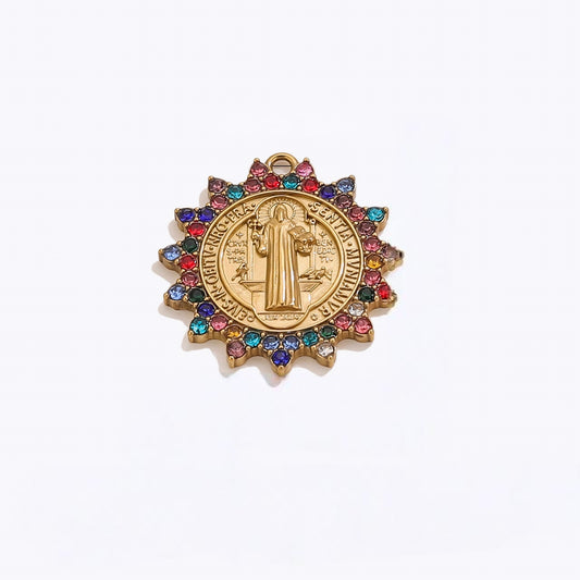 Gold-Plated Vintage Jesus Pendan t– Multicolor Gemstone Medallion